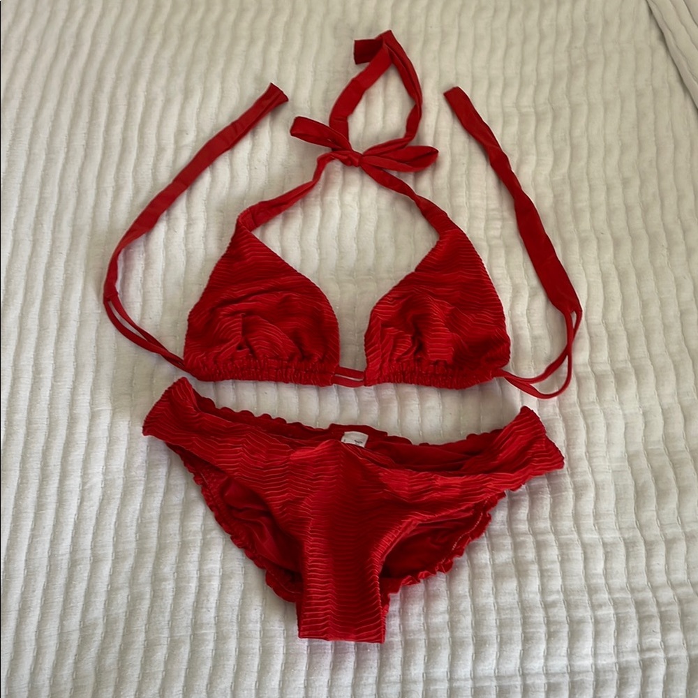 Luli Fama Red Ribbed Triangle Bikini Set